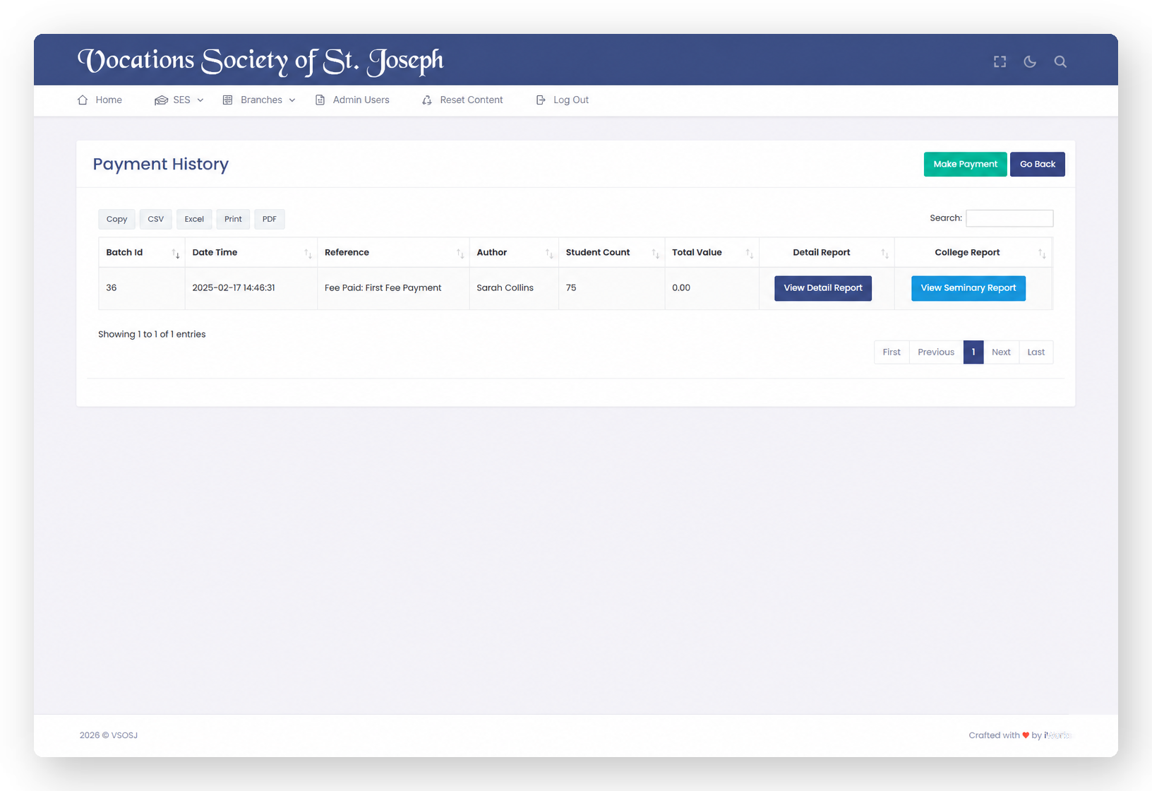 VSOSJ payment history and grant tracking